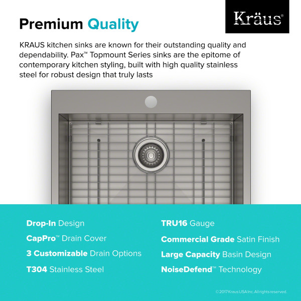 Kraus KP1TS25S-1 Pax™ 25” Single Bowl Stainless Steel Drop-In Kitchen Sink