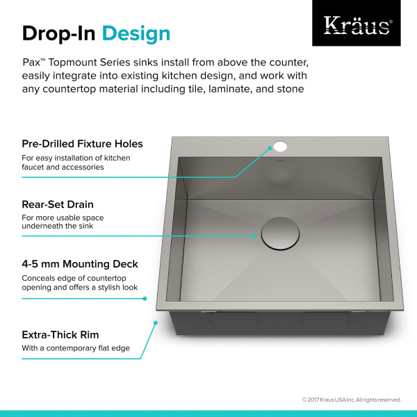 Kraus KP1TS25S-1 Pax™ 25” Single Bowl Stainless Steel Drop-In Kitchen Sink