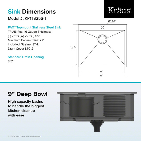 Kraus KP1TS25S-1 Pax™ 25” Single Bowl Stainless Steel Drop-In Kitchen Sink