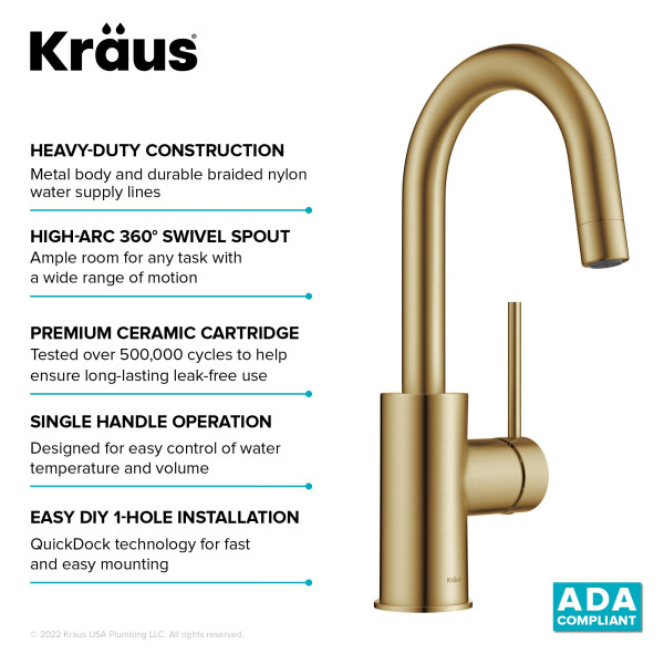  KRAUS KPF-2600BB Oletto Single Handle Kitchen Bar Faucet + in Brushed Brass 