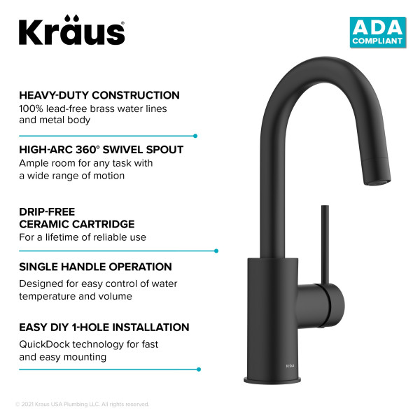 Kraus KPF-2600 Oletto™ Single Handle Bar Faucet with QuickDock Top Mount Installation Assembly