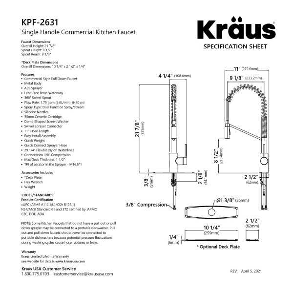 Kraus KPF-2631 Oletto™ Single Handle Pull Down Commercial Kitchen Faucet