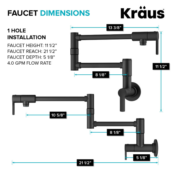 KRAUS KPF-5001MB Wall Mount Pot Filler Kitchen Faucet w/ Arm in Matte Black