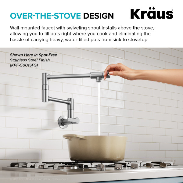 KRAUS KPF-5001SFBB Wall Mount Pot Filler Kitchen Faucet w/ Arm in Brushed Brass
