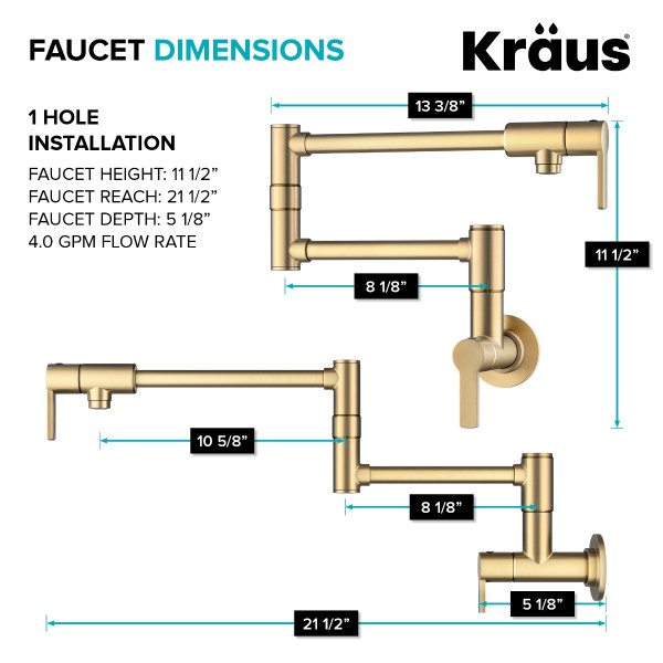 KRAUS KPF-5001SFBB Wall Mount Pot Filler Kitchen Faucet w/ Arm in Brushed Brass