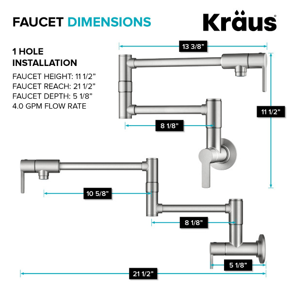 KRAUS KPF-5001SFS Wall Mount Pot Filler Kitchen Faucet w/ Arm in Stainless Steel