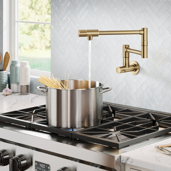 KRAUS KPF-5003SFBB Wall Mount Pot Filler Kitchen Faucet w/ Arm in Brushed Brass