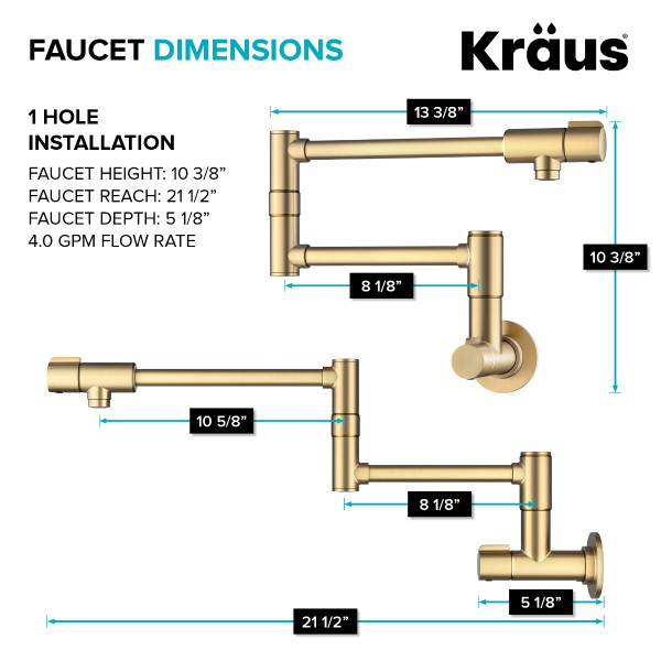 KRAUS KPF-5003SFBB Wall Mount Pot Filler Kitchen Faucet w/ Arm in Brushed Brass