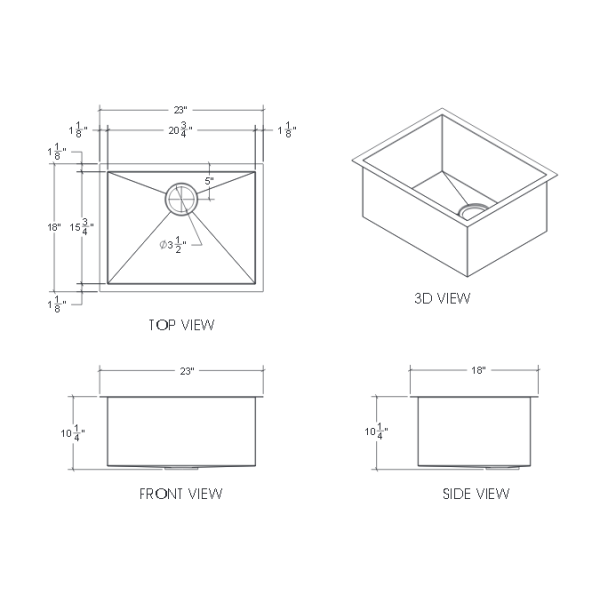 Cantrio Koncepts KSS-2318-0 One Bowl Undermount Stainless steel Kitchen Sink
