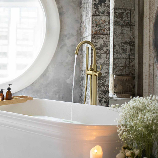 KIBI KTF301BG Circular Floor Mount Tub Filler With Hand Shower - Brushed Gold