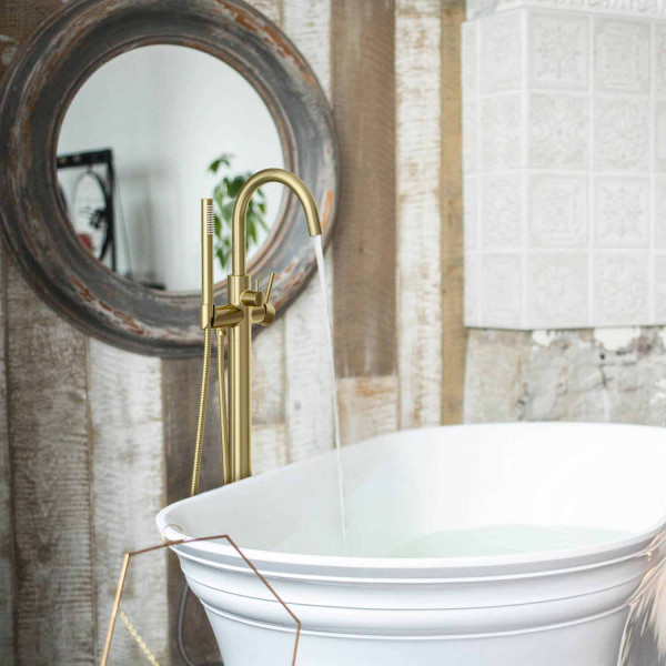 KIBI KTF301BG Circular Floor Mount Tub Filler With Hand Shower - Brushed Gold
