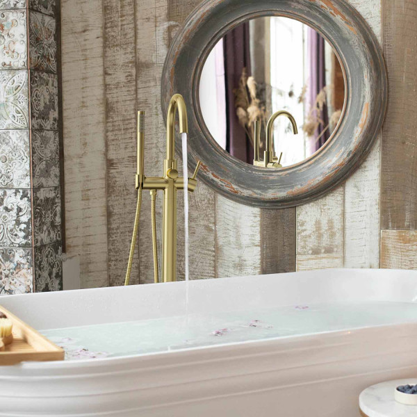 KIBI KTF301BG Circular Floor Mount Tub Filler With Hand Shower - Brushed Gold