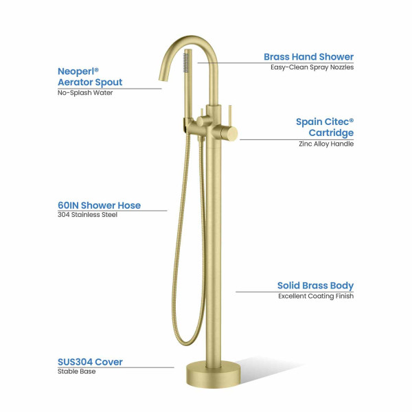 KIBI KTF301BG Circular Floor Mount Tub Filler With Hand Shower - Brushed Gold