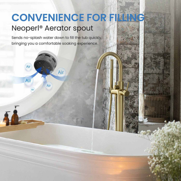 KIBI KTF301BG Circular Floor Mount Tub Filler With Hand Shower - Brushed Gold