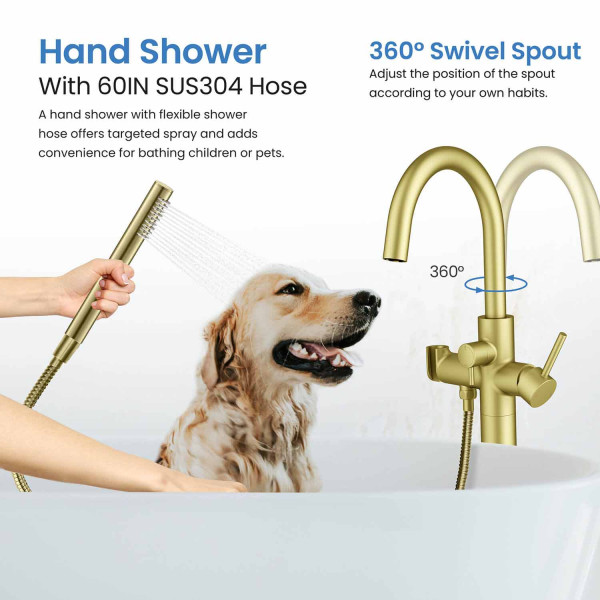 KIBI KTF301BG Circular Floor Mount Tub Filler With Hand Shower - Brushed Gold