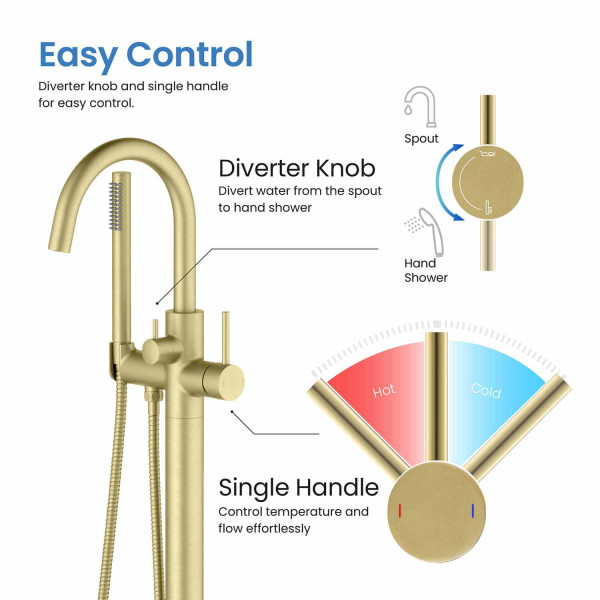 KIBI KTF301BG Circular Floor Mount Tub Filler With Hand Shower - Brushed Gold