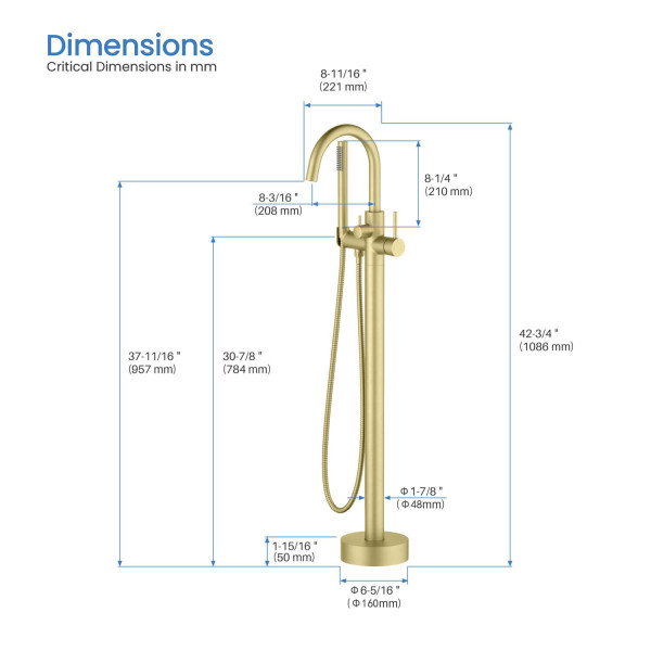KIBI KTF301BG Circular Floor Mount Tub Filler With Hand Shower - Brushed Gold