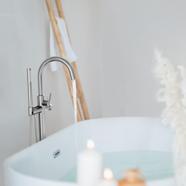 KIBI KTF301BN Circular Floor Mount Tub Filler With Hand Shower - Brush Nickel