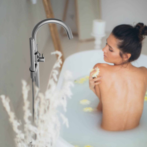 KIBI KTF301BN Circular Floor Mount Tub Filler With Hand Shower - Brush Nickel