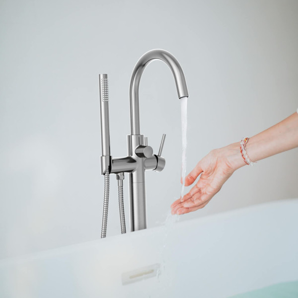 KIBI KTF301BN Circular Floor Mount Tub Filler With Hand Shower - Brush Nickel