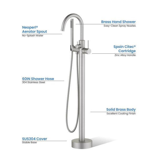 KIBI KTF301BN Circular Floor Mount Tub Filler With Hand Shower - Brush Nickel