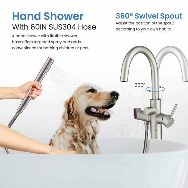 KIBI KTF301BN Circular Floor Mount Tub Filler With Hand Shower - Brush Nickel