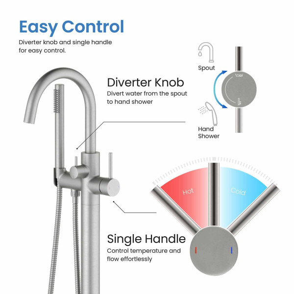 KIBI KTF301BN Circular Floor Mount Tub Filler With Hand Shower - Brush Nickel