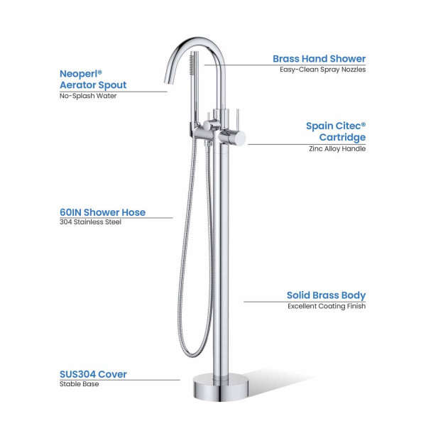 KIBI KTF301CH Circular Floor Mount Tub Filler With Hand Shower - Chrome
