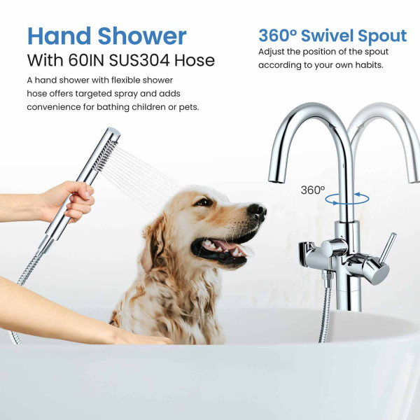 KIBI KTF301CH Circular Floor Mount Tub Filler With Hand Shower - Chrome