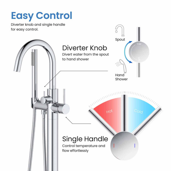 KIBI KTF301CH Circular Floor Mount Tub Filler With Hand Shower - Chrome
