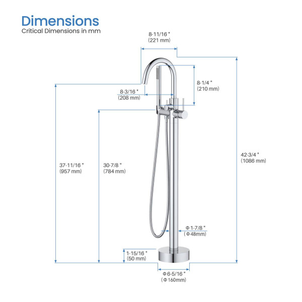 KIBI KTF301CH Circular Floor Mount Tub Filler With Hand Shower - Chrome