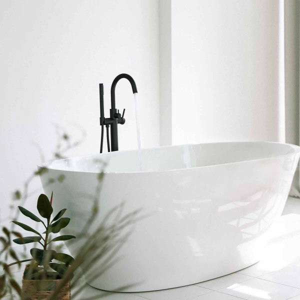 KIBI KTF301MB Circular Floor Mount Tub Filler With Hand Shower - Matte Black