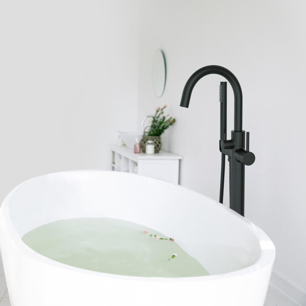 KIBI KTF301MB Circular Floor Mount Tub Filler With Hand Shower - Matte Black