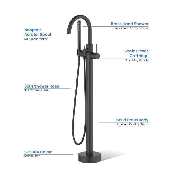 KIBI KTF301MB Circular Floor Mount Tub Filler With Hand Shower - Matte Black