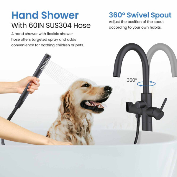 KIBI KTF301MB Circular Floor Mount Tub Filler With Hand Shower - Matte Black
