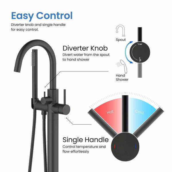 KIBI KTF301MB Circular Floor Mount Tub Filler With Hand Shower - Matte Black