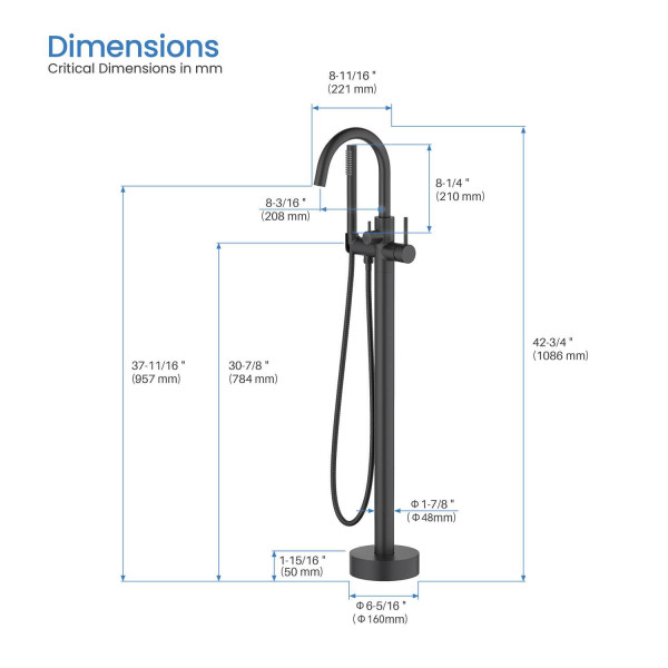 KIBI KTF301MB Circular Floor Mount Tub Filler With Hand Shower - Matte Black