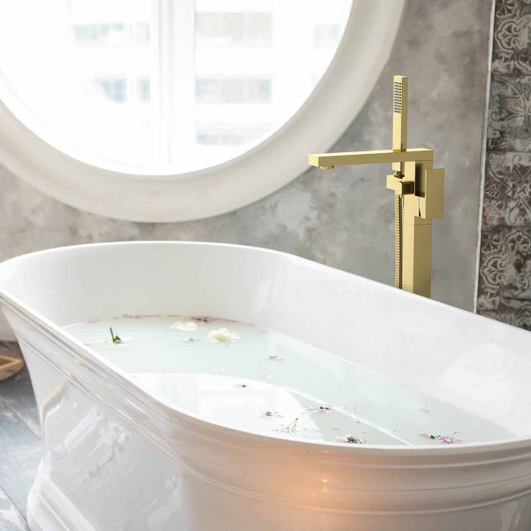 KIBI KTF302BG Cube Floor Mount Tub Filler With Hand Shower - Brushed Gold