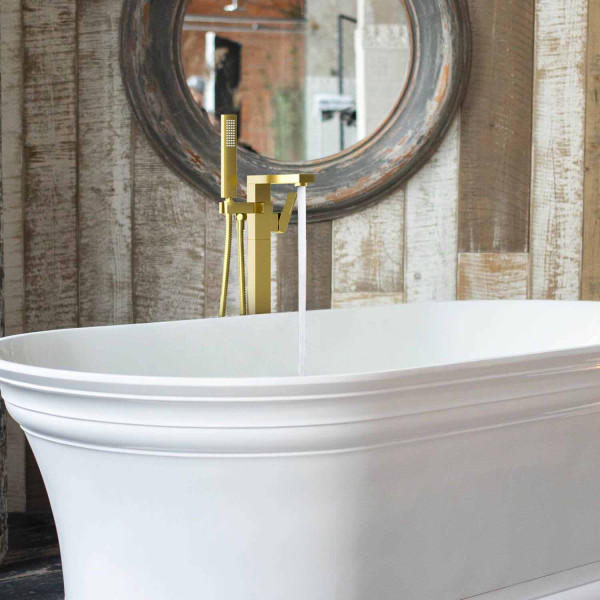 KIBI KTF302BG Cube Floor Mount Tub Filler With Hand Shower - Brushed Gold