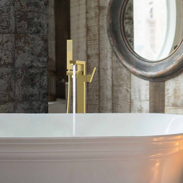 KIBI KTF302BG Cube Floor Mount Tub Filler With Hand Shower - Brushed Gold
