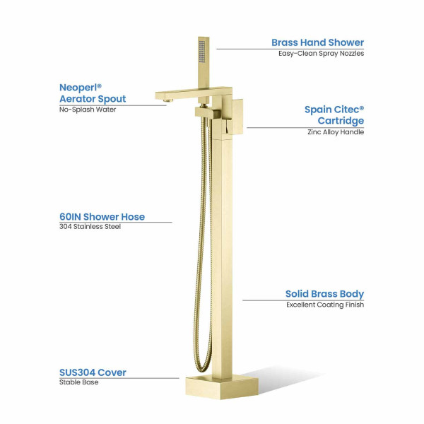 KIBI KTF302BG Cube Floor Mount Tub Filler With Hand Shower - Brushed Gold