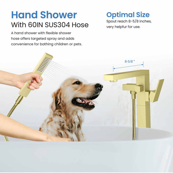 KIBI KTF302BG Cube Floor Mount Tub Filler With Hand Shower - Brushed Gold