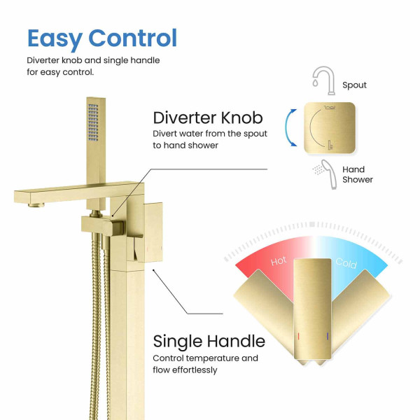 KIBI KTF302BG Cube Floor Mount Tub Filler With Hand Shower - Brushed Gold
