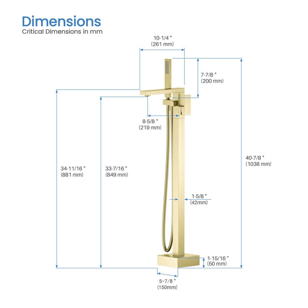 KIBI KTF302BG Cube Floor Mount Tub Filler With Hand Shower - Brushed Gold