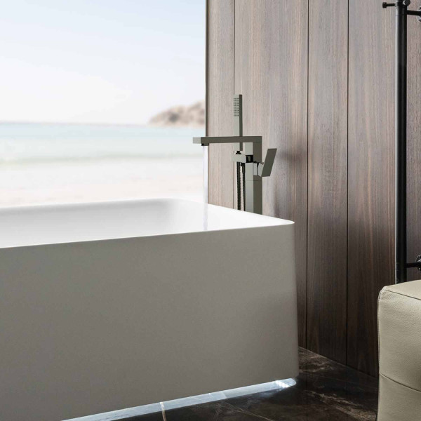 KIBI KTF302BN Cube Floor Mount Tub Filler With Hand Shower - Brushed Nickel
