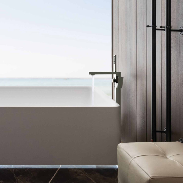 KIBI KTF302BN Cube Floor Mount Tub Filler With Hand Shower - Brushed Nickel