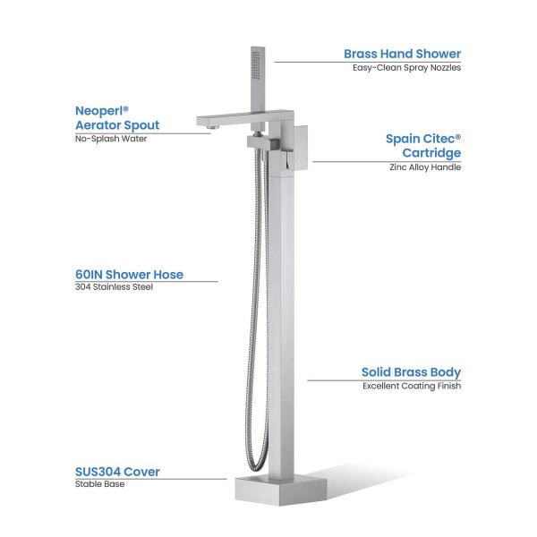 KIBI KTF302BN Cube Floor Mount Tub Filler With Hand Shower - Brushed Nickel