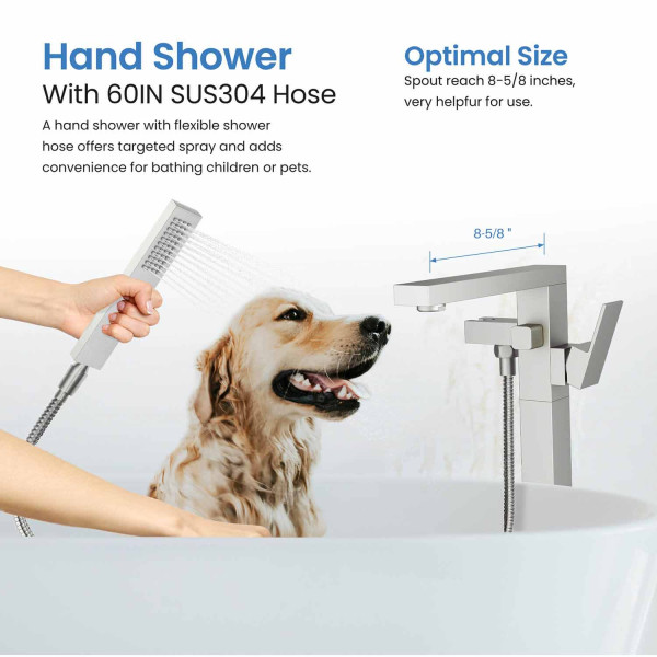 KIBI KTF302BN Cube Floor Mount Tub Filler With Hand Shower - Brushed Nickel