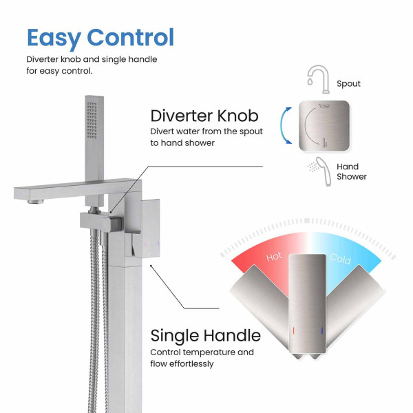 KIBI KTF302BN Cube Floor Mount Tub Filler With Hand Shower - Brushed Nickel