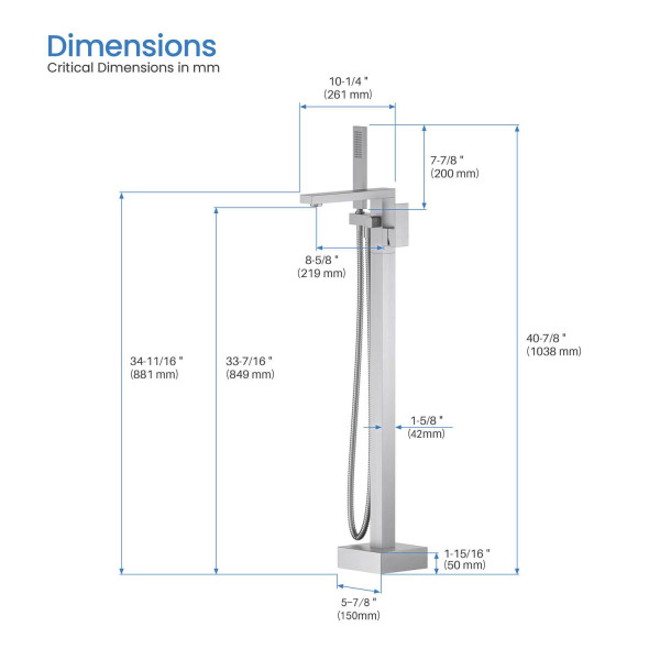 KIBI KTF302BN Cube Floor Mount Tub Filler With Hand Shower - Brushed Nickel